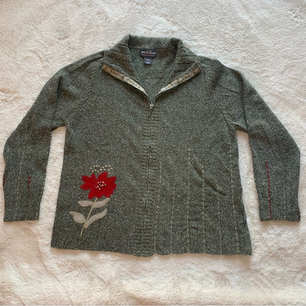 Woolrich Olive Cardigan with Red Lambswool Floral Accent Size Large